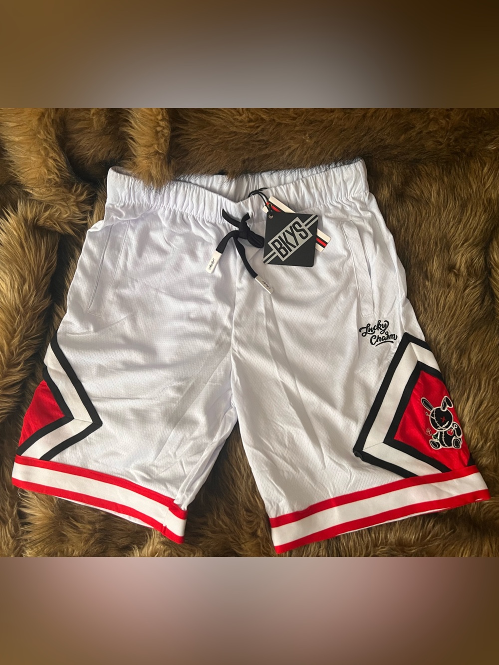 BKYS Lucky Charm Men's White Athletic Shorts with Red & Black Accents